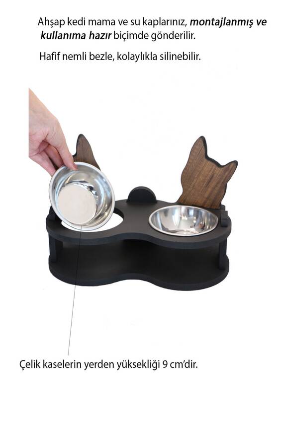 Çelik Kaseli Ahşap Bakışan Kedi Desenli Kedi Mama Ve Su Kabı Model 5 - 5